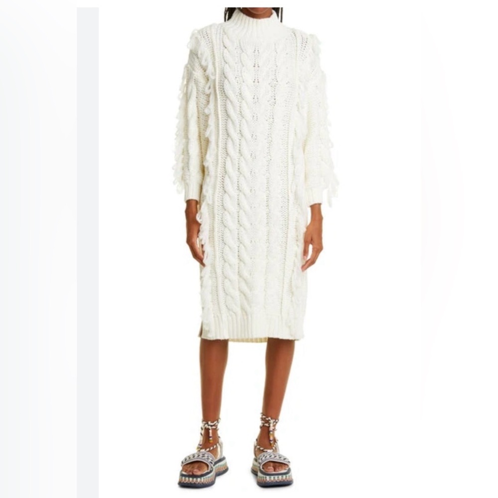 FARM Rio Cream Cable-Knit Long Sleeve Midi Dress